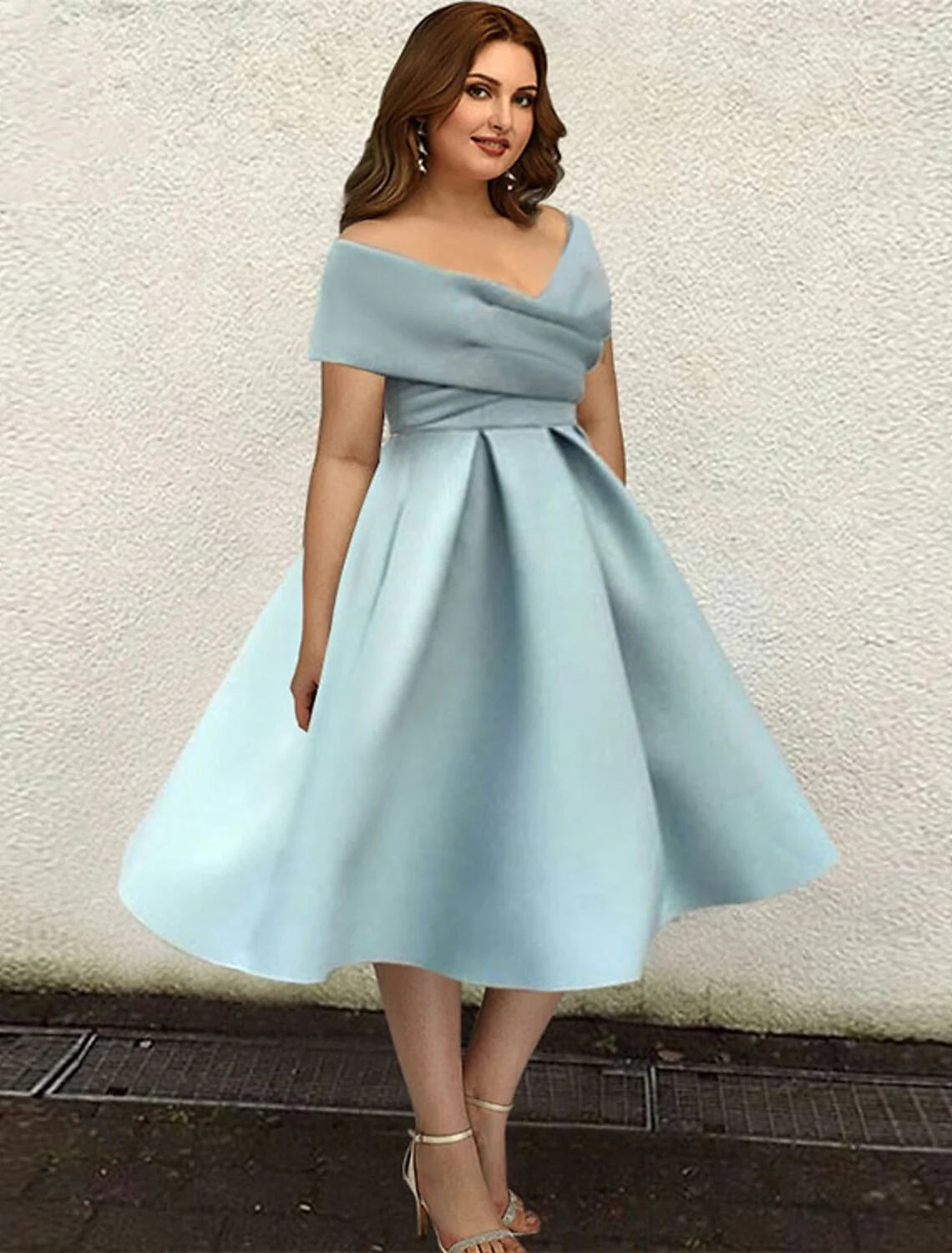 Vestidos de cóctel de corte A, estilo años 50, para invitadas de boda, largo hasta la rodilla, manga corta, escote en V, satén con pliegues elegantes, color puro